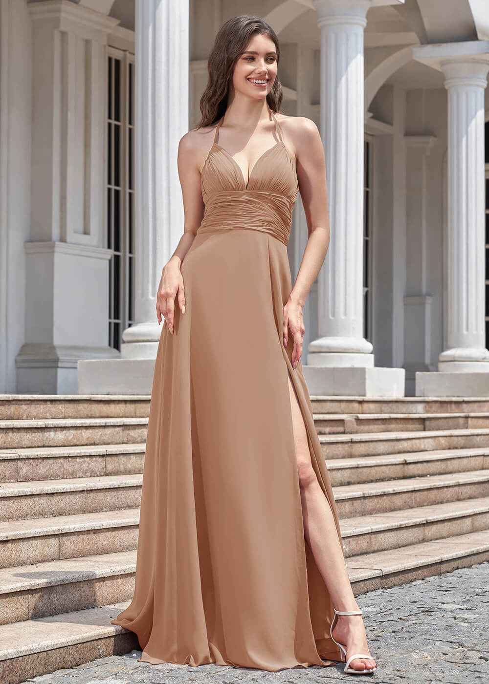 Deep V Halter Neck Pleated A-line Chiffon Long Bridesmaid Dress