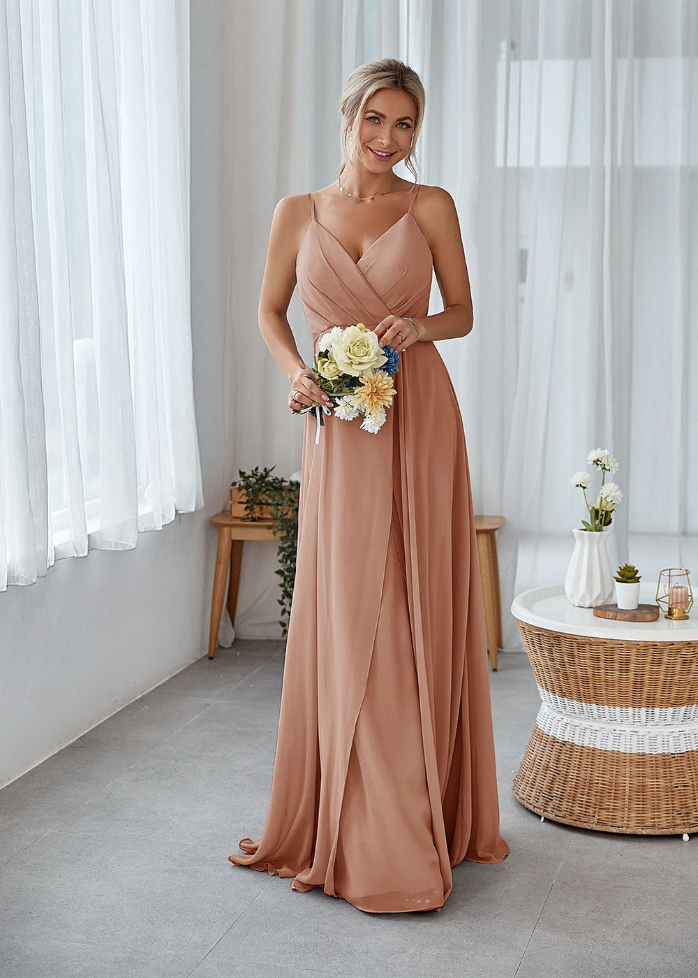 A line Slip V neck Long Chiffon Bridesmaid Dress Wedding Party Dress Leely