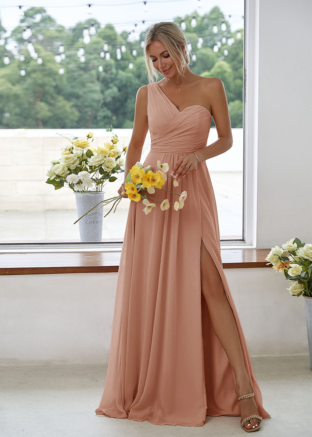 One Shoulder Side Slit Chiffon A line Maxi Bridesmaid Dress Leely