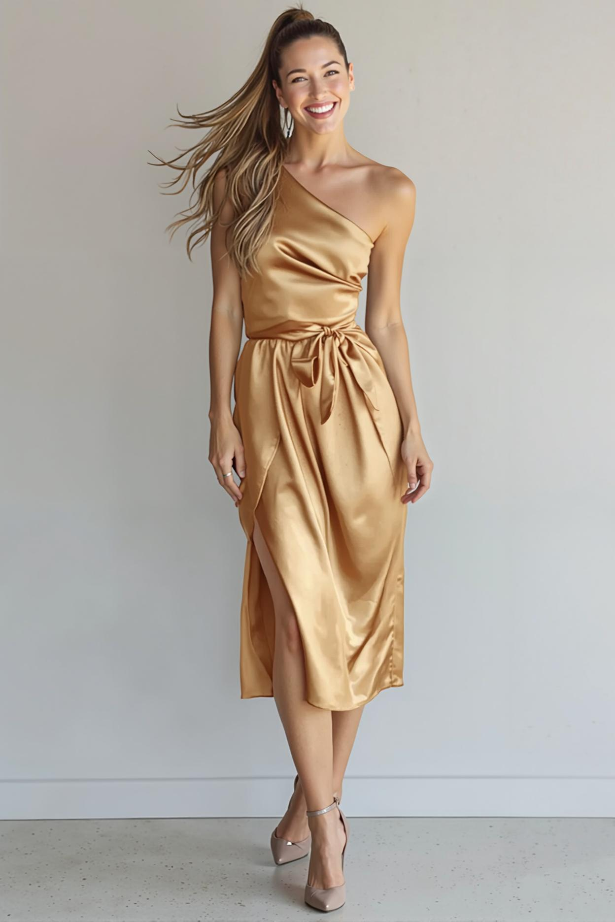 Dark Green Satin Sheath One Shoulder Midi Bridesmaid Dress with Slit