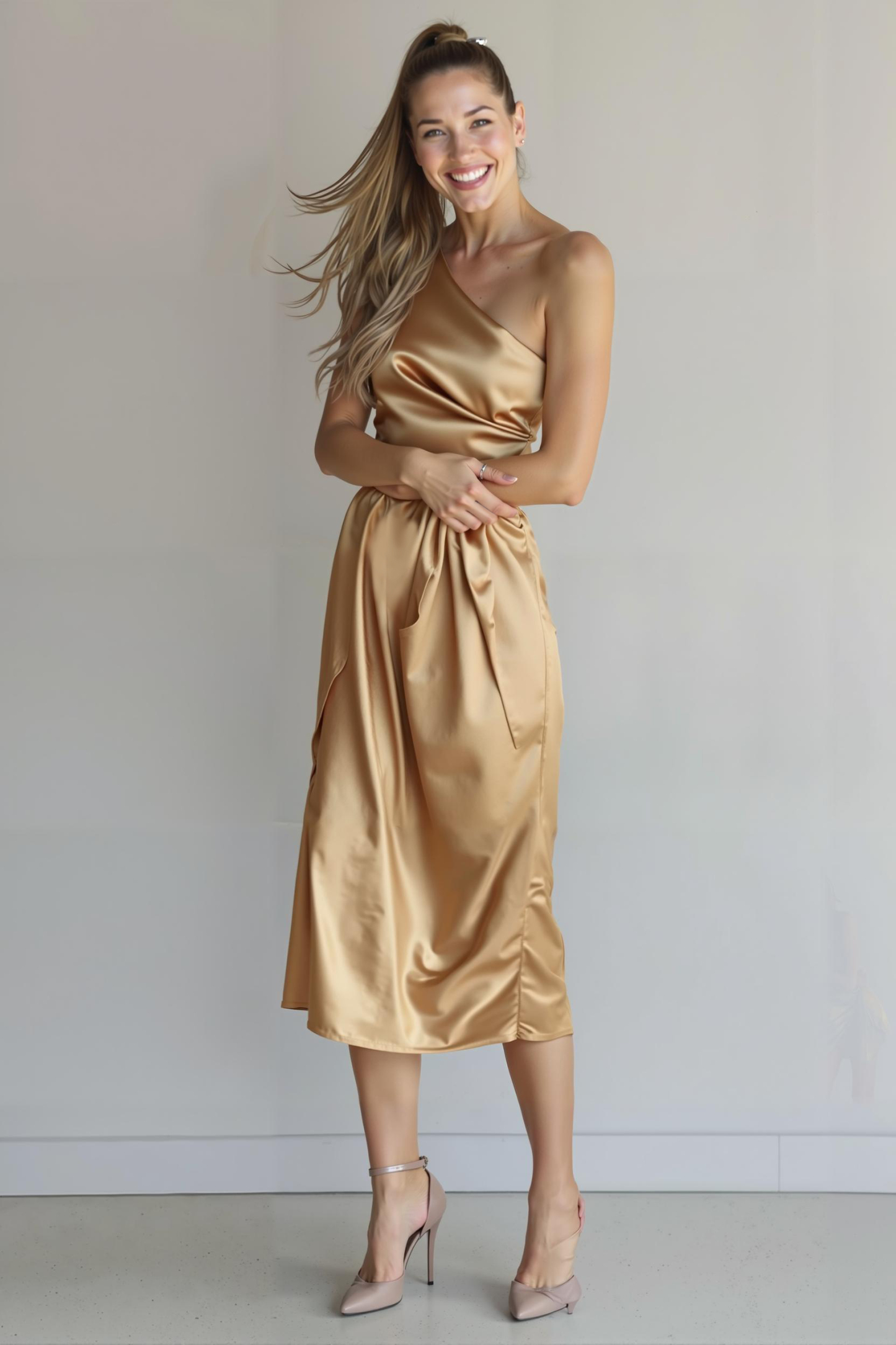 Dark Green Satin Sheath One Shoulder Midi Bridesmaid Dress with Slit