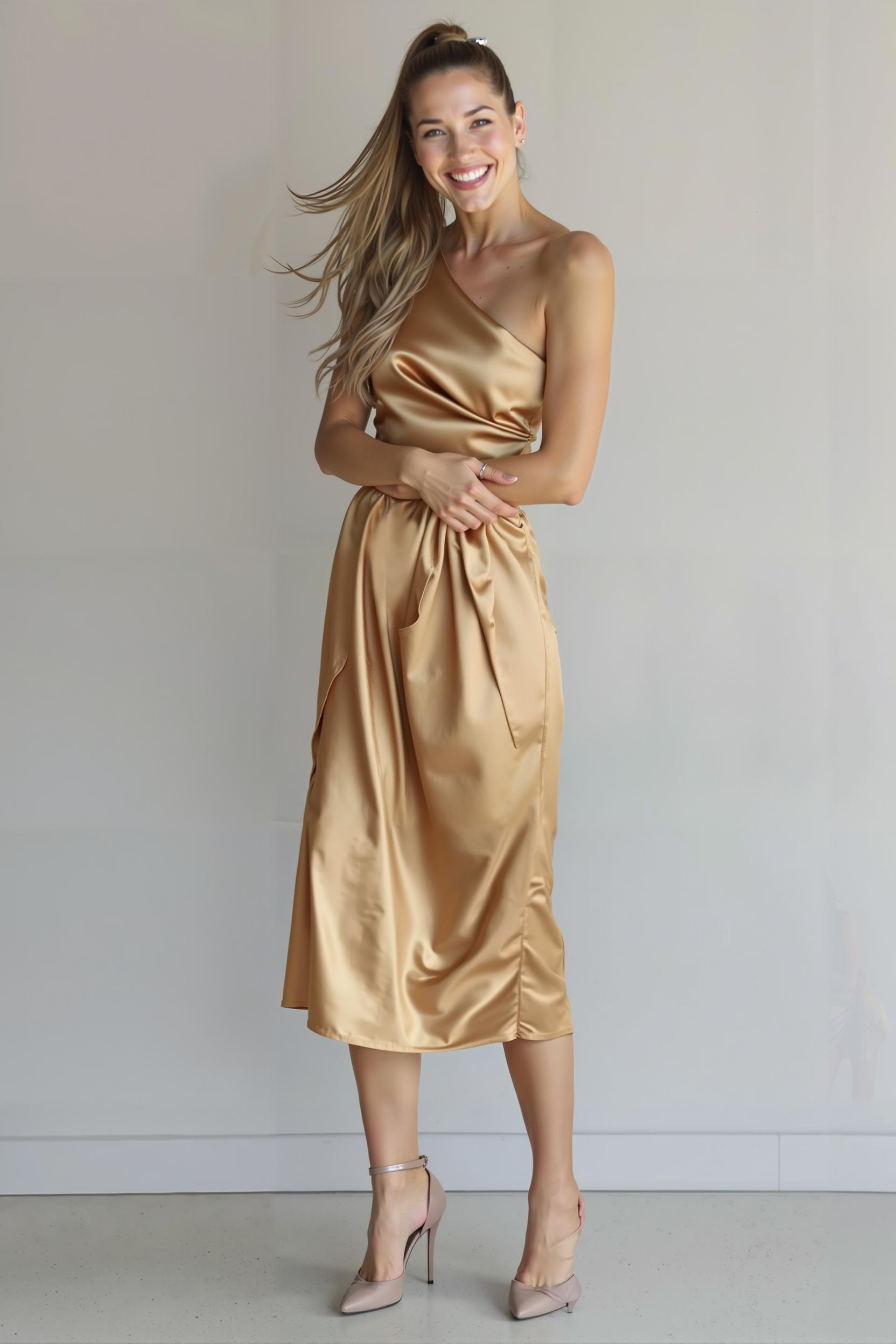 Dark Green Satin Sheath One Shoulder Midi Bridesmaid Dress with Slit
