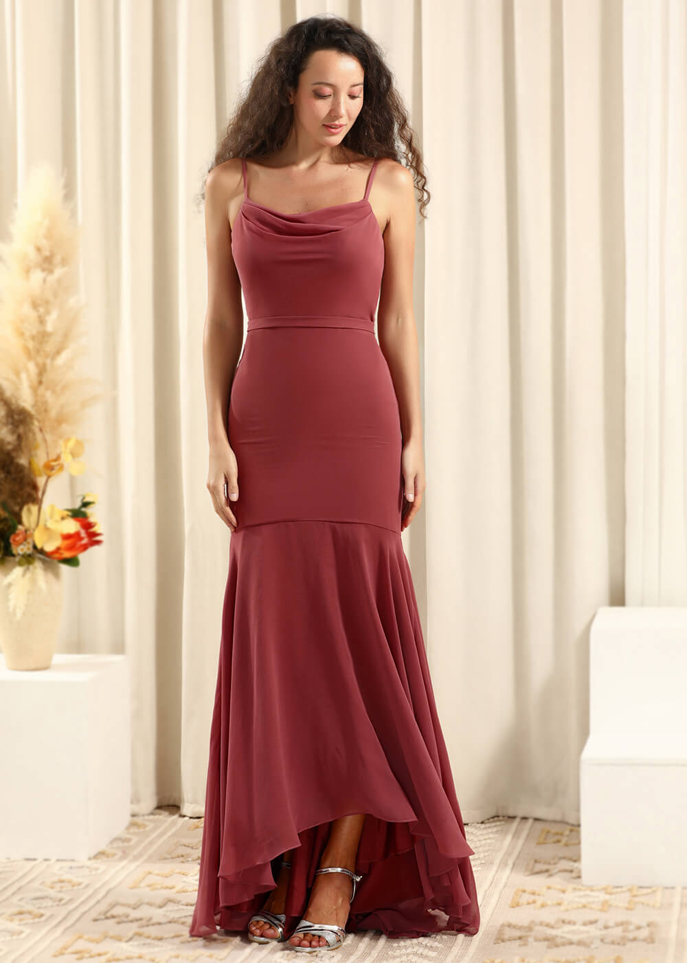 Cowl Neck Strap Chiffon Mermaid High Low Maxi Bridesmaid Dress