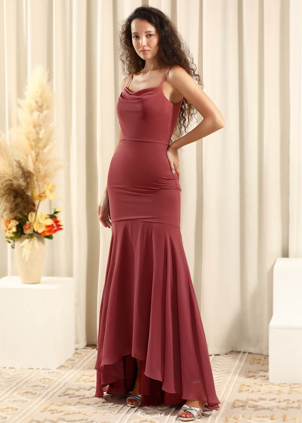 Cowl Neck Strap Chiffon Mermaid High Low Maxi Bridesmaid Dress
