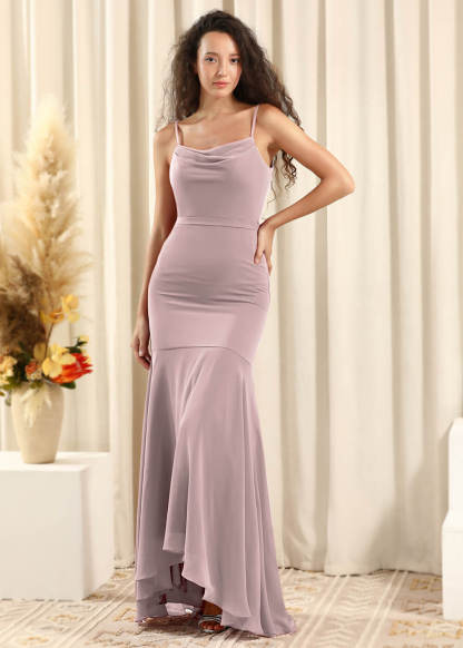 Cowl Neck Strap Chiffon Mermaid High Low Maxi Bridesmaid Dress