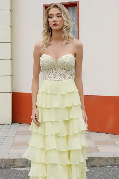 Gorgeous A Line Sweetheart Yellow Corset Prom Dress with Appliques Ruffles