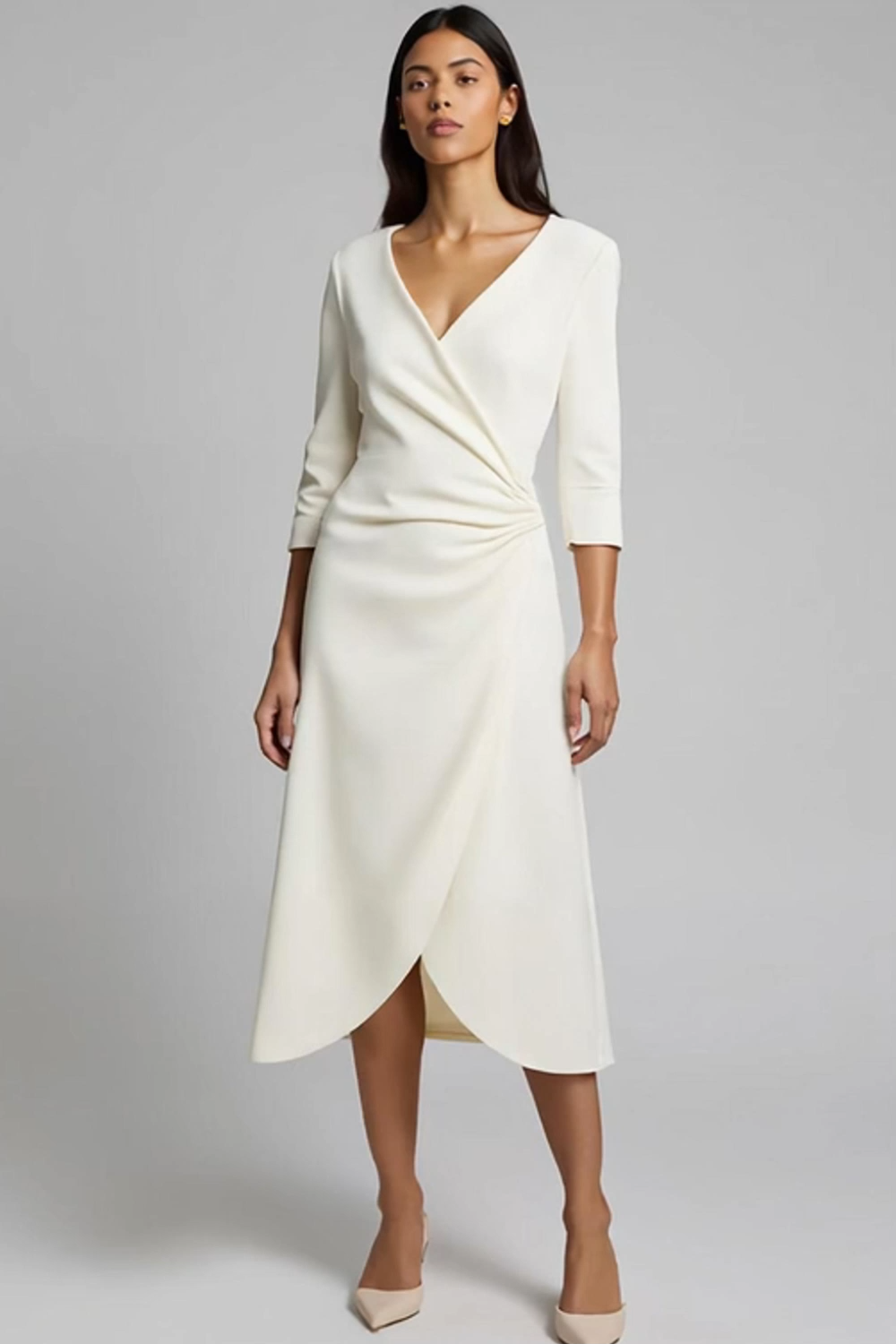 Ivory V-Neck Ruched Satin Midi Work Dress with Sleeves
