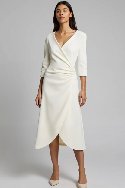 Ivory V-Neck Ruched Satin Midi Work Dress with Sleeves