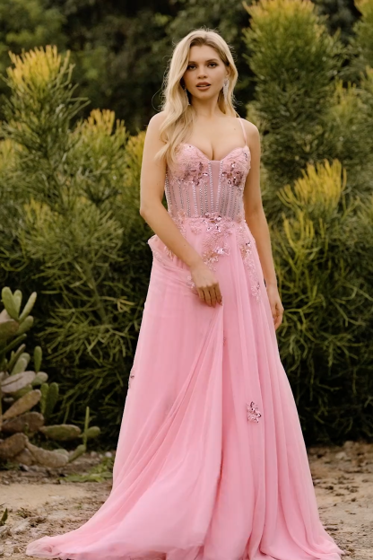 Sparkly Pink Spaghetti Straps Maxi Corset Prom Dress with Beading