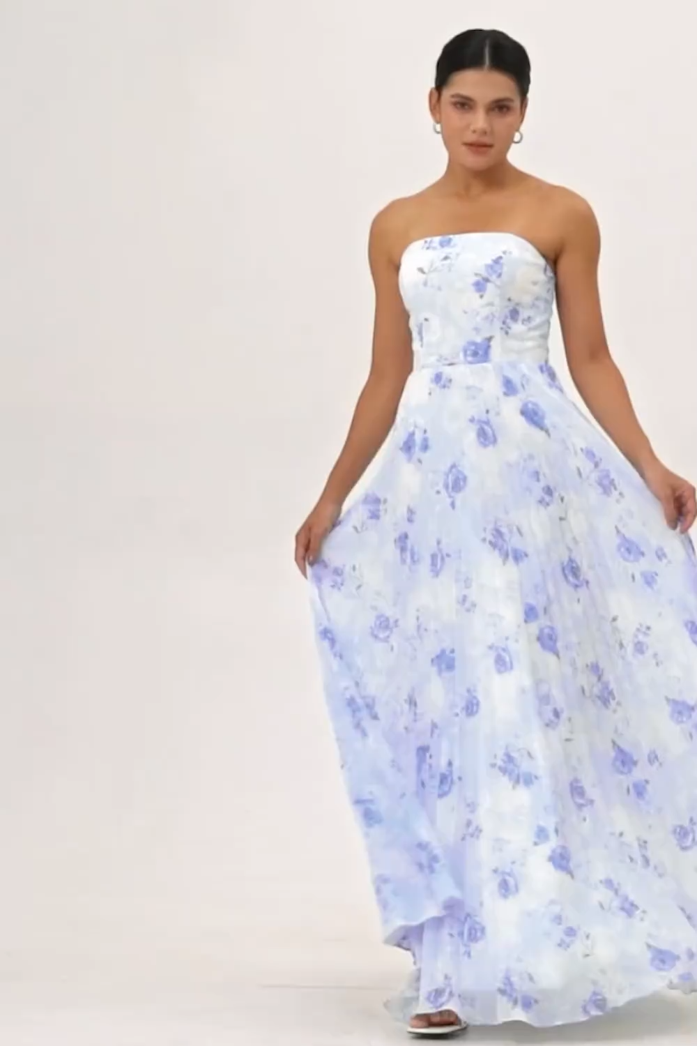 Blue Chiffon Strapless Floral Long Wedding Guest Dress with Pleats