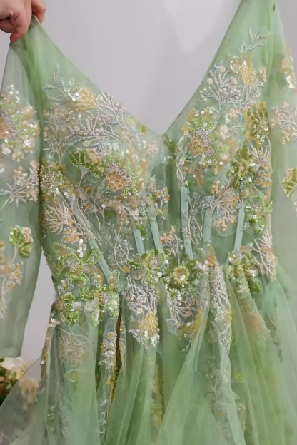 Green Floral A Line Ruffled Appliqued Long Prom Dress