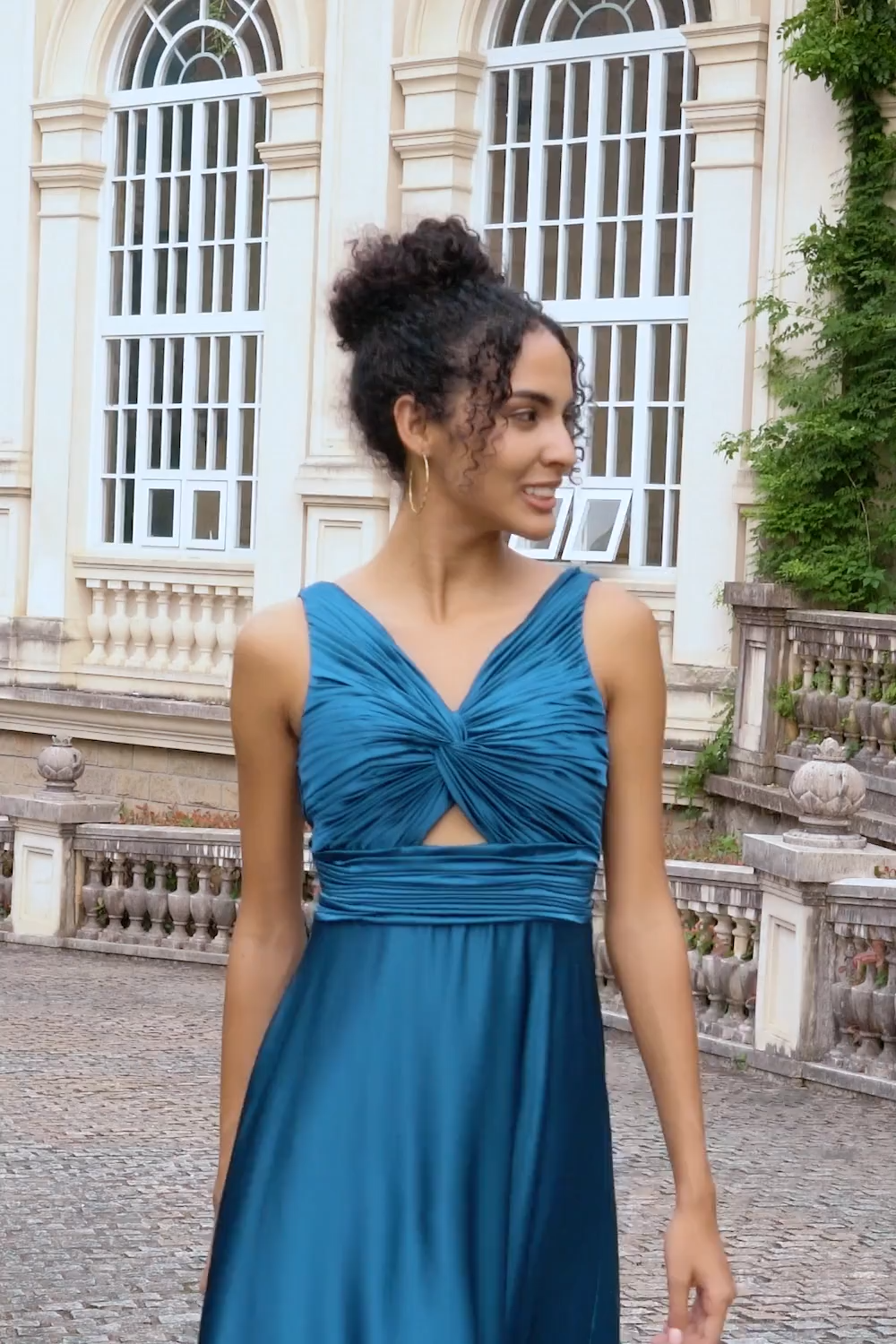 Ink Blue V Neck Pleated Hollow Out Satin Bridesmaid Dress