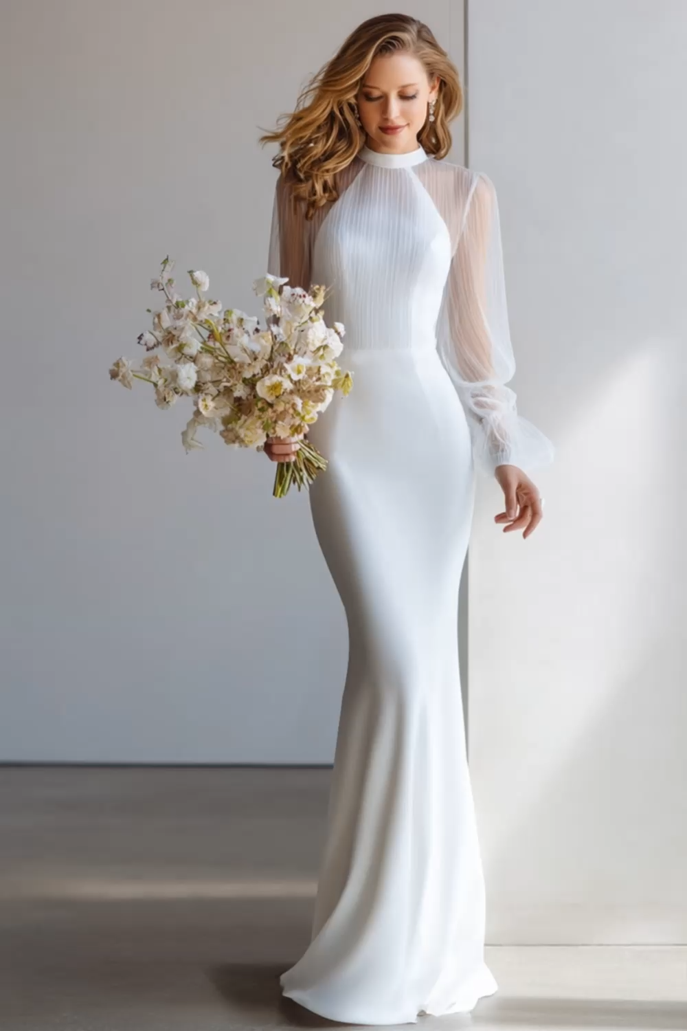White Long Sleeves Round Neck Wedding Dress