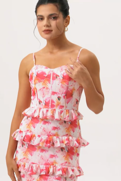 Pink Floral Tiered Ruffled Sheath Long Bridesmaid Dress with Slit