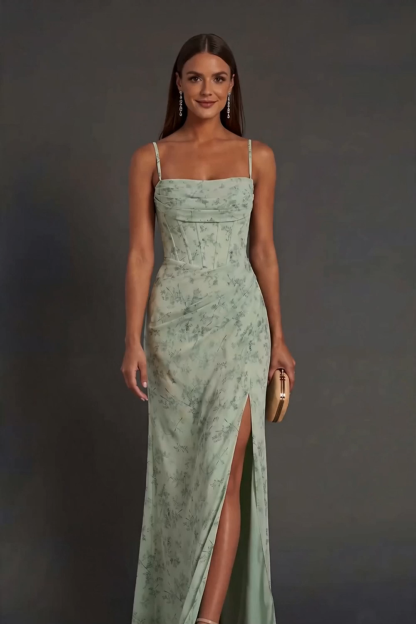 Dusty Sage Floral Mermaid Spaghetti Strap Prom Dress with Slit