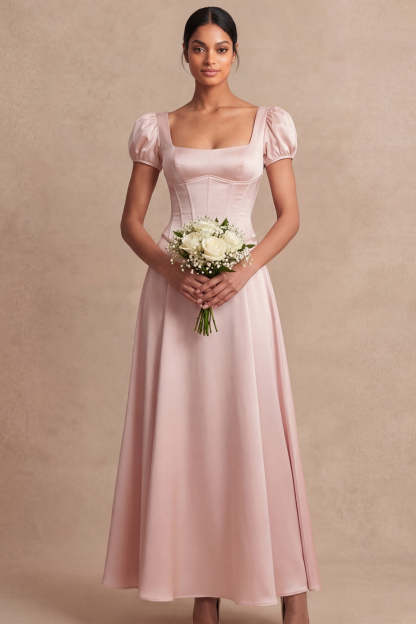 Satin Pink A Line Corset Puff Sleeves Long Wedding Guest Dress