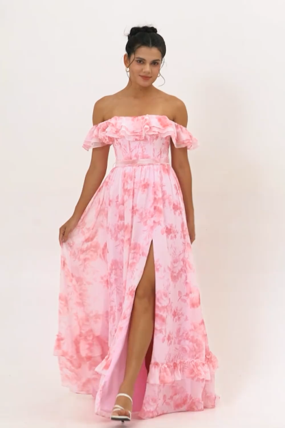 Pink Floral Off the Shoulder Ruffled Long Bridesmaid Dress with Slit