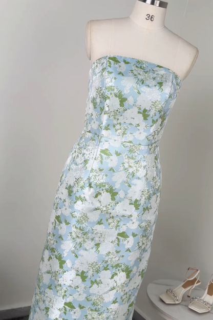 White and Blue Floral Strapless Sheath Satin Long Wedding Guest Dress