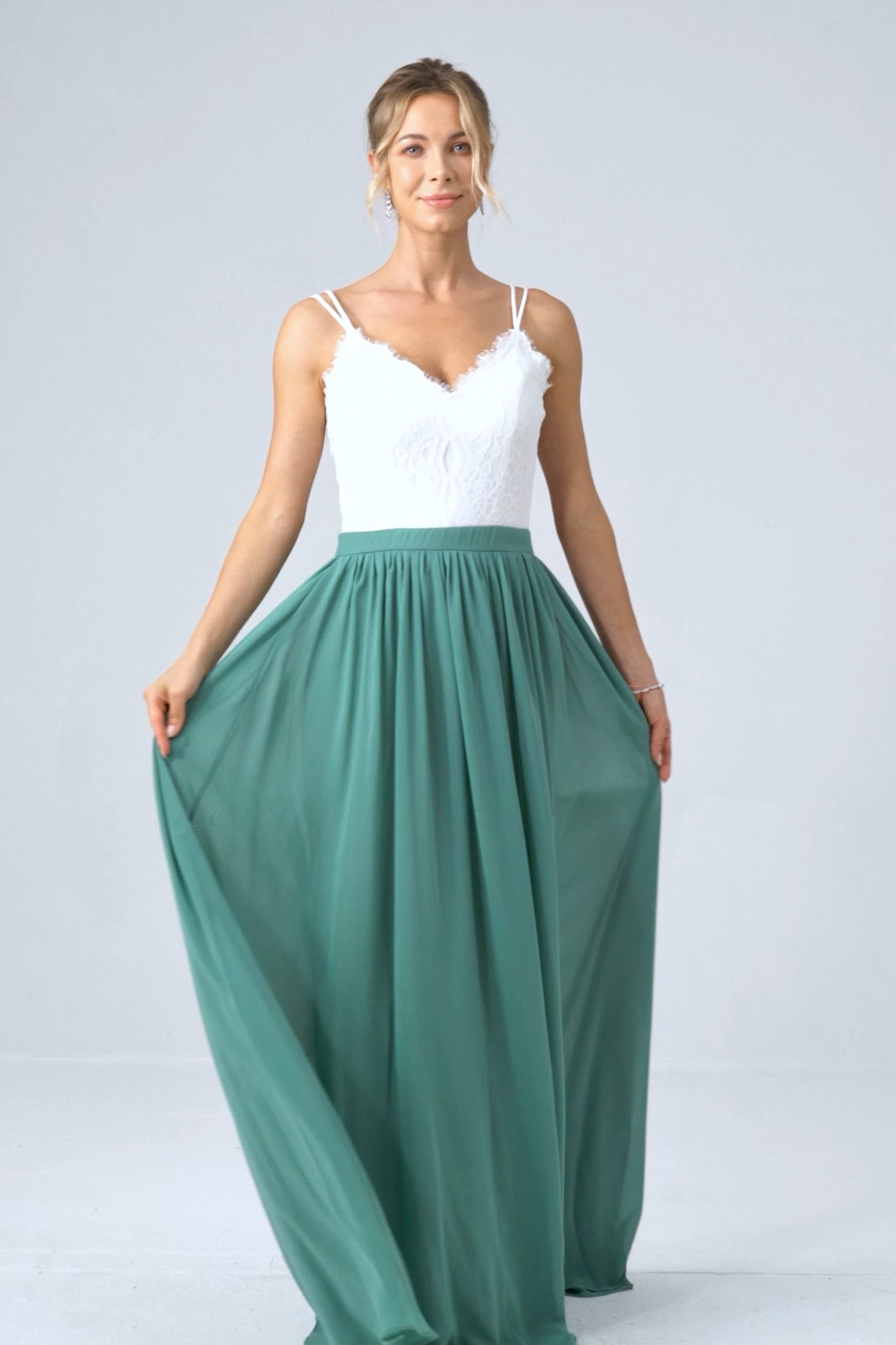 Eucalyptus A-Line Spaghetti Straps Pleated Long Bridesmaid Dress With Lace