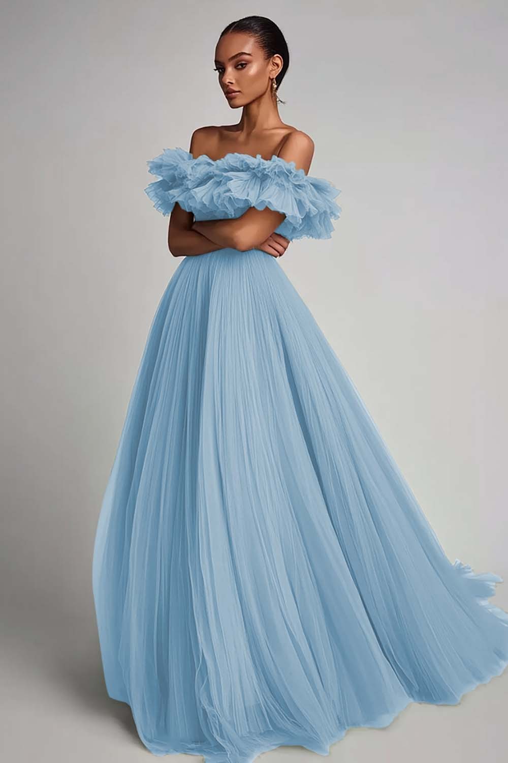 Dusty Sage Pleated Tulle A Line Long Formal Dress with Ruffles