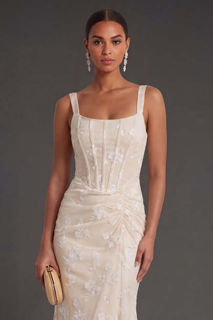 Floral White Sheath Thick Straps Corset Ruched Midi Engagement Dress