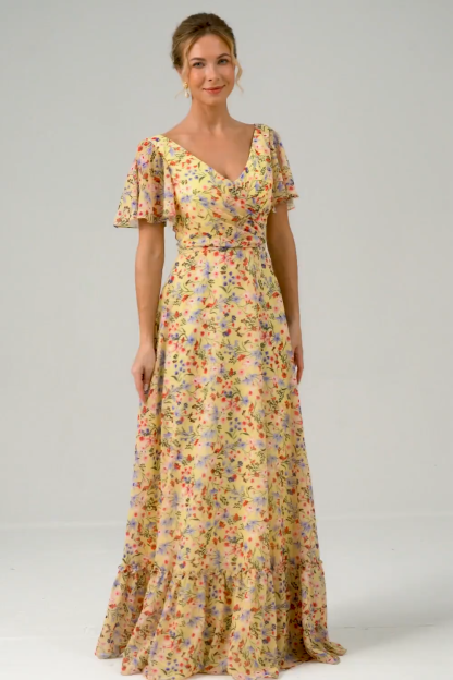 Yellow Flower Printed Chiffon A-Line V-neck Short Sleeves Bridesmaid Dress