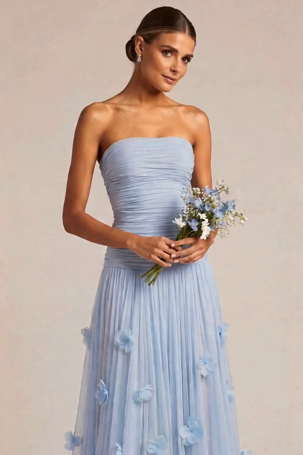Strapless Light Blue A Line Strapless Floral Appliqued Long Bridesmaid Dress