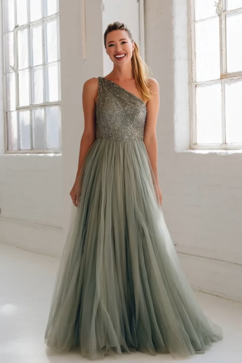 Sparkly Sage Green A Line One Shoulder Maxi Wedding Guest Dress with Sequins