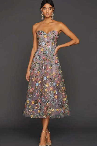 Floral Mauve Sweetheart A Line Embroidered Prom Dress