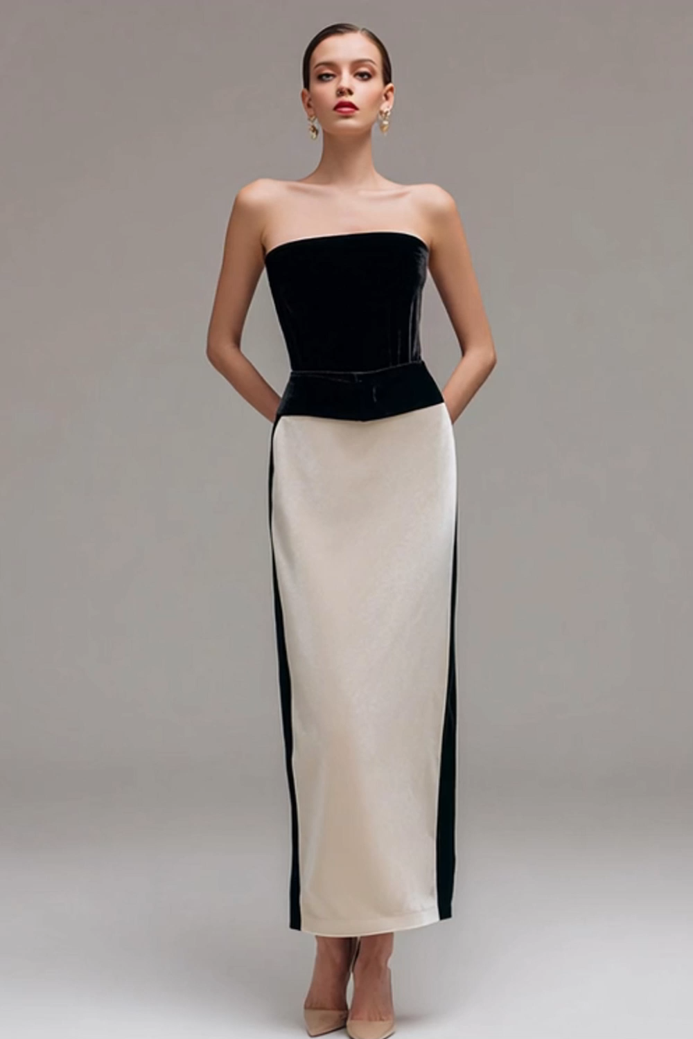 Black and Champagne Sheath Patchwork Velvet Holiday Party Dress