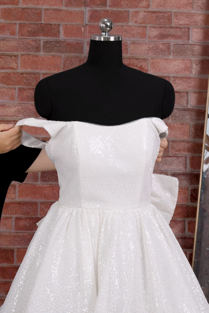 Sparkly Ivory A Line Square Neck Sequin Little White Dress with Bow