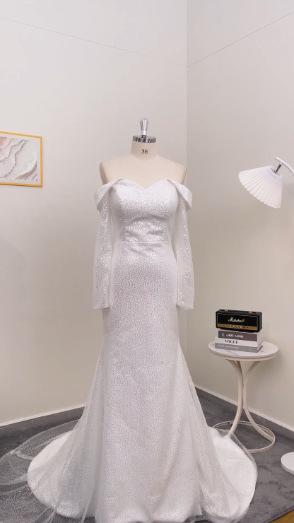 Ivory Mermaid Off the Shoulder Wedding Dress with Long Sleeves