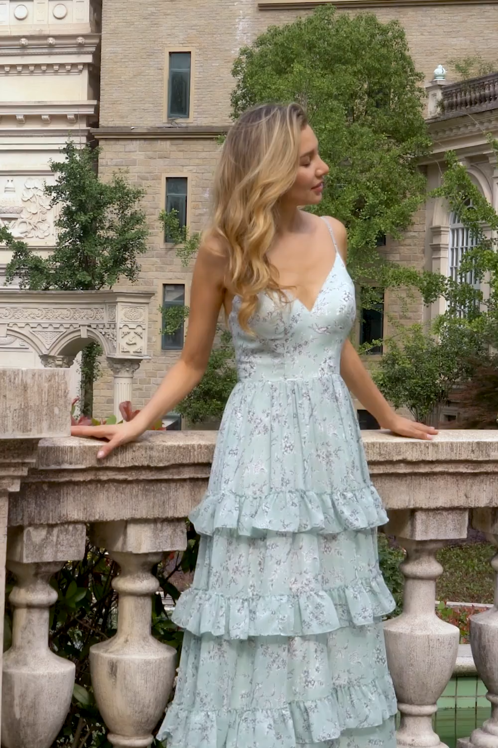 Spaghetti Straps Grey Green Ruffles Tiered Floral Long Bridesmaid Dress