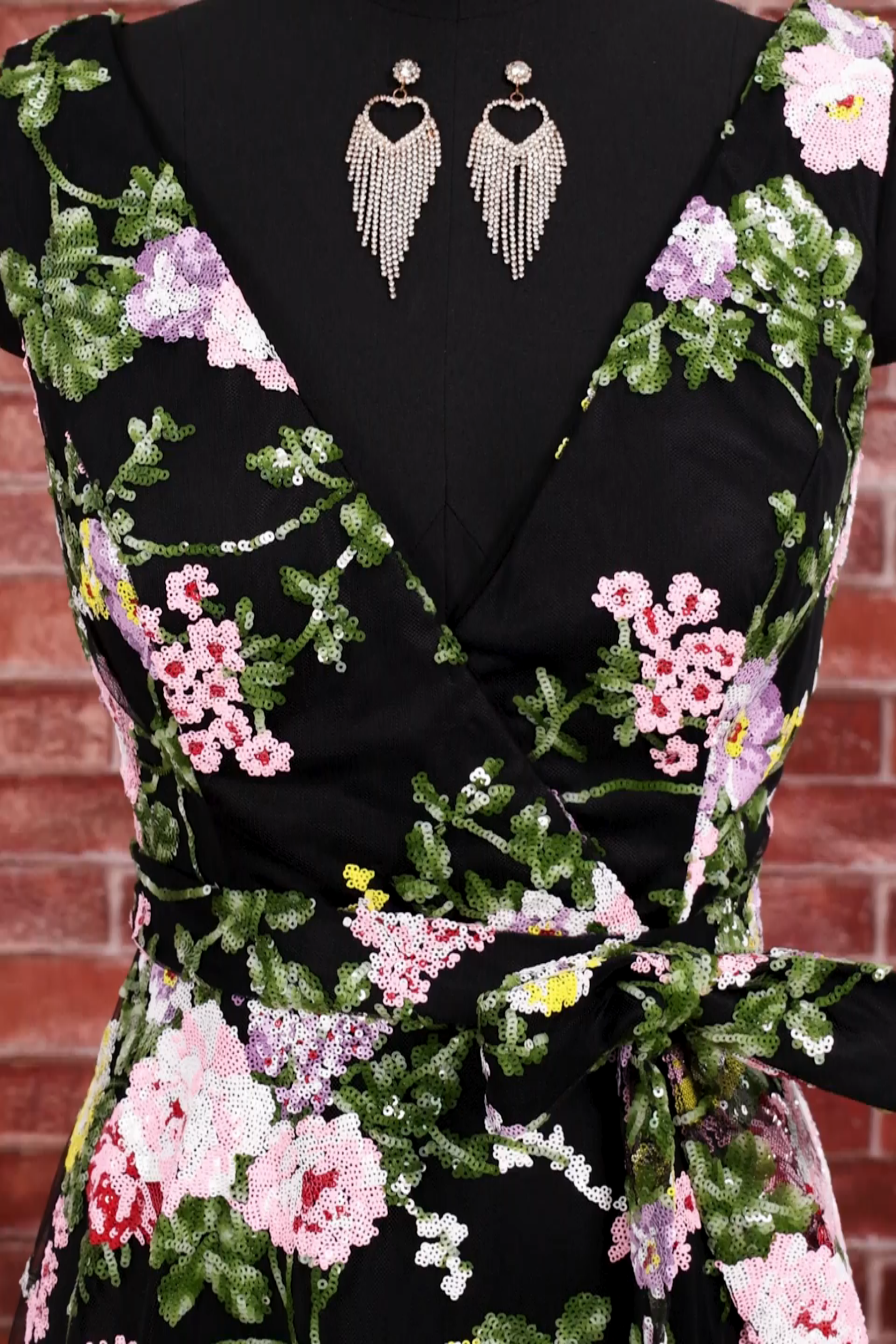 V Neck A Line Black Pink Floral Midi Beach Wedding Guest Dress
