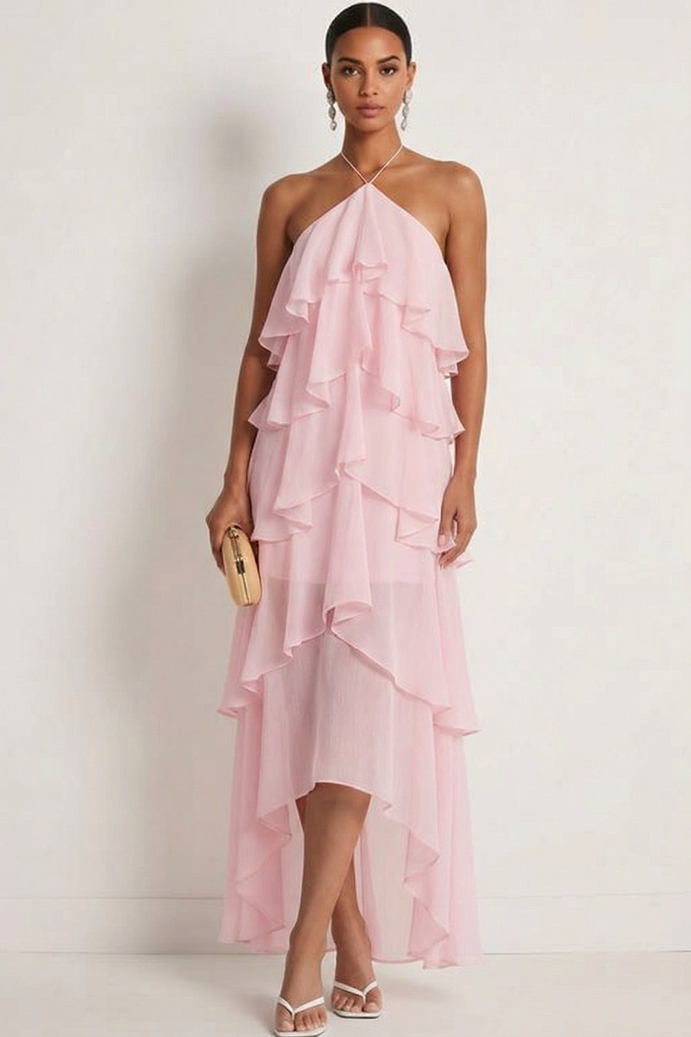 A Line Ruffled Navy Halter Neck Long Formal Dress