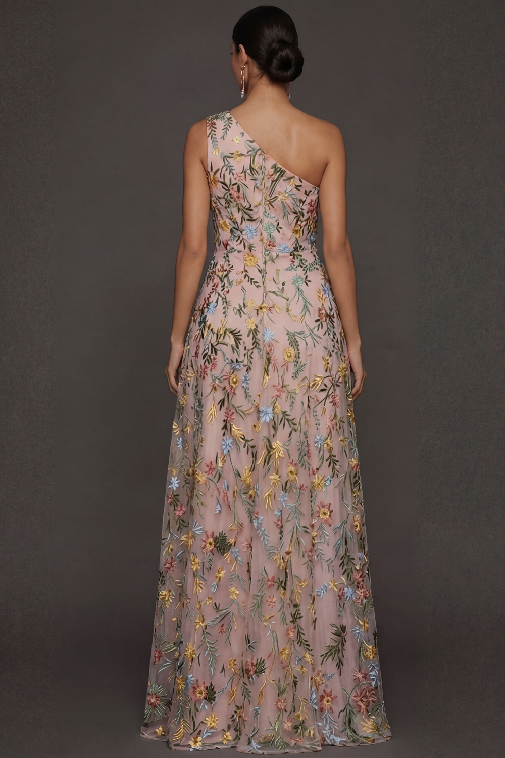 Floral Mauve One Shoulder A Line Long Prom Dress with Slit