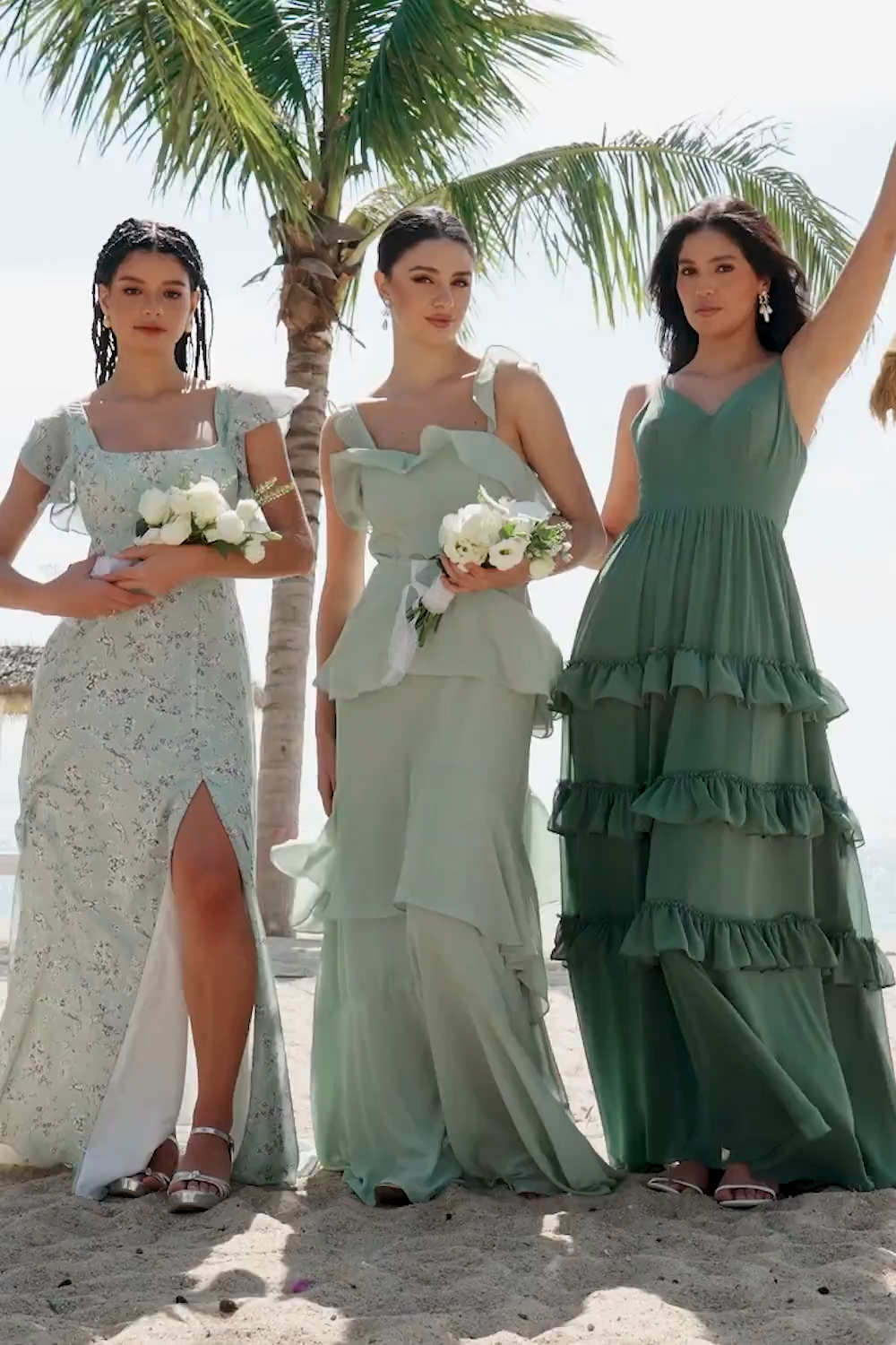 Grey Green A-Line Floral Printed Bridesmaid Dress with Ruffle Sleeves