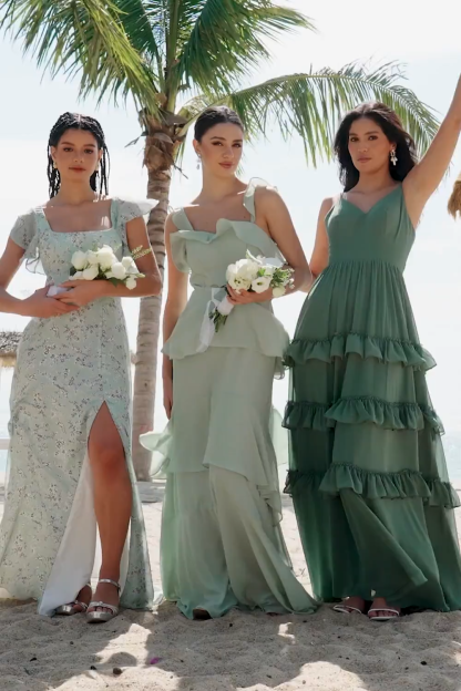 Grey Green A-Line Floral Printed Bridesmaid Dress with Ruffle Sleeves