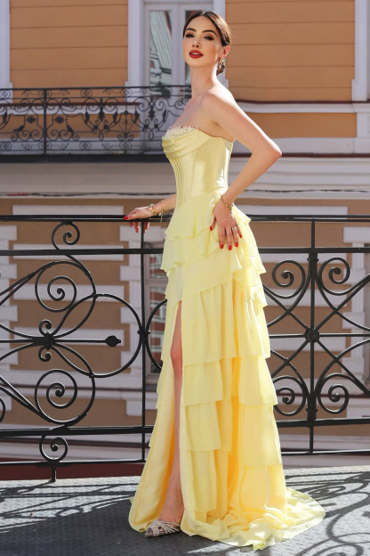 Princess Yellow Sweetheart Corset Tiered A-Line Maxi Prom Dress