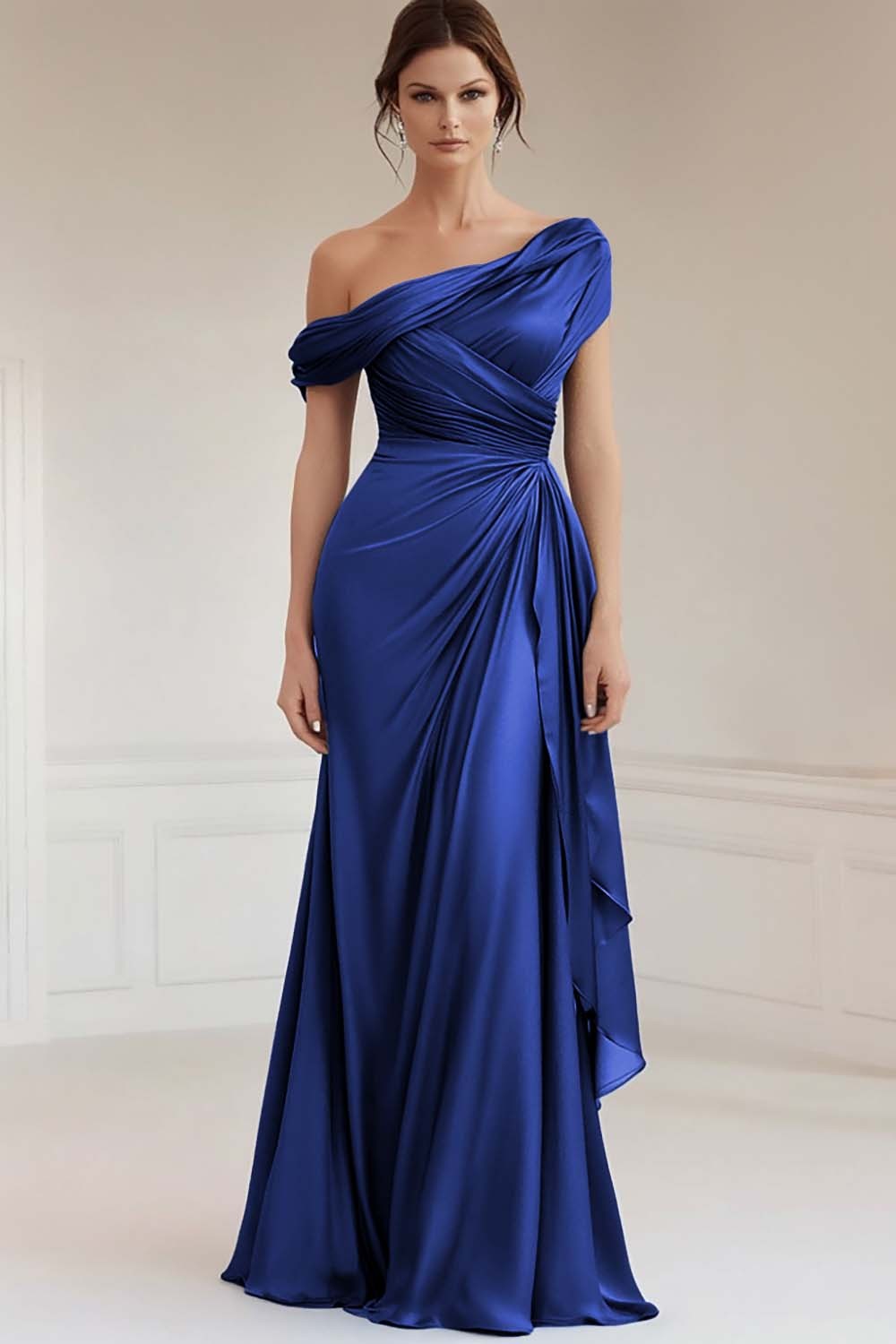 Grey Blue Satin One Shoulder Sheath Mother of the Bride Dress