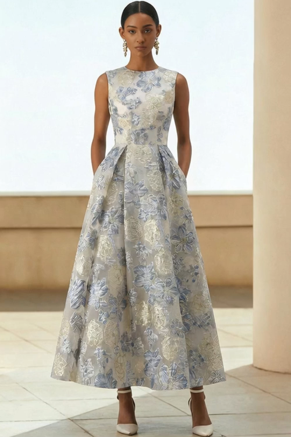 Floral Dusty Blue Jacquard A Line Long Wedding Guest Dress