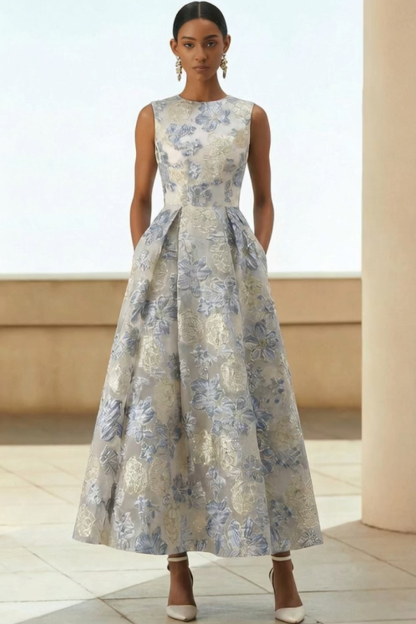Floral Dusty Blue Jacquard A Line Long Wedding Guest Dress