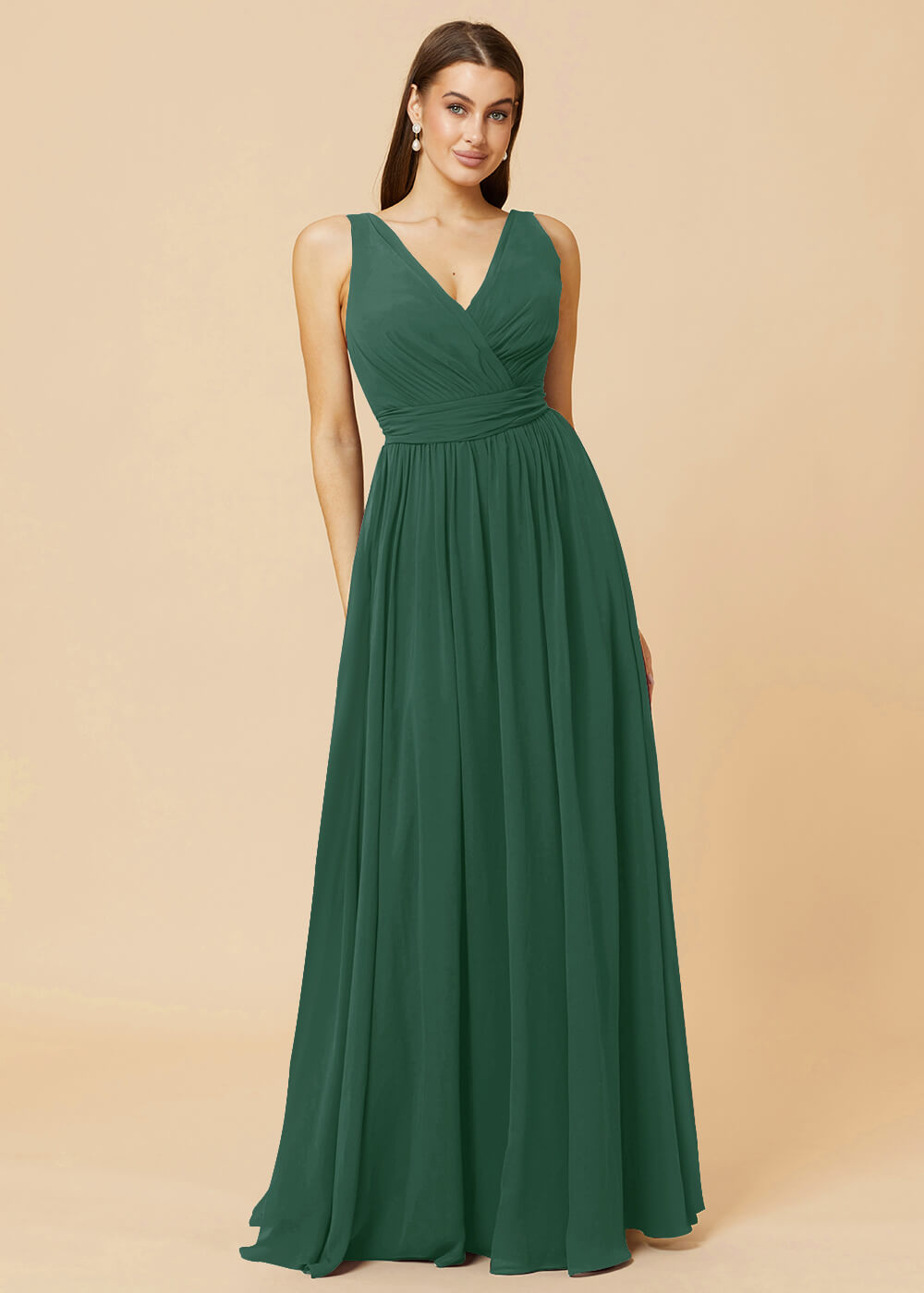 V-neck Pleated Tie Back Chiffon Bridesmaid Dress