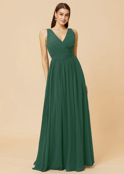 V-neck Pleated Tie Back Chiffon Bridesmaid Dress
