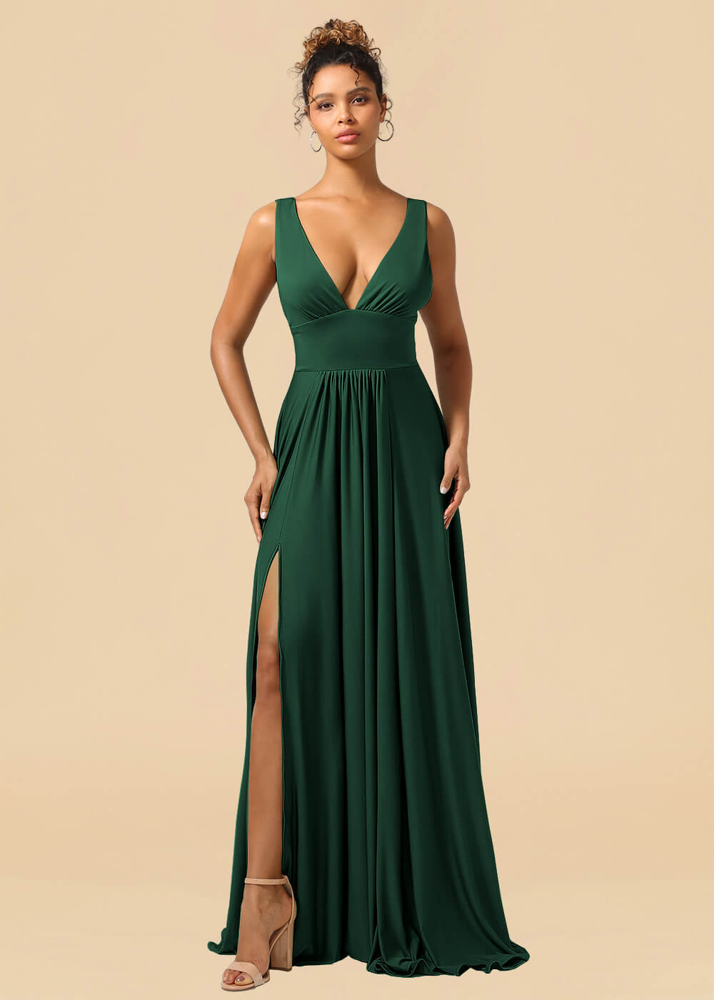 Deep V-neck Spandex A-line Maxi Bridesmaid Dress with Slit