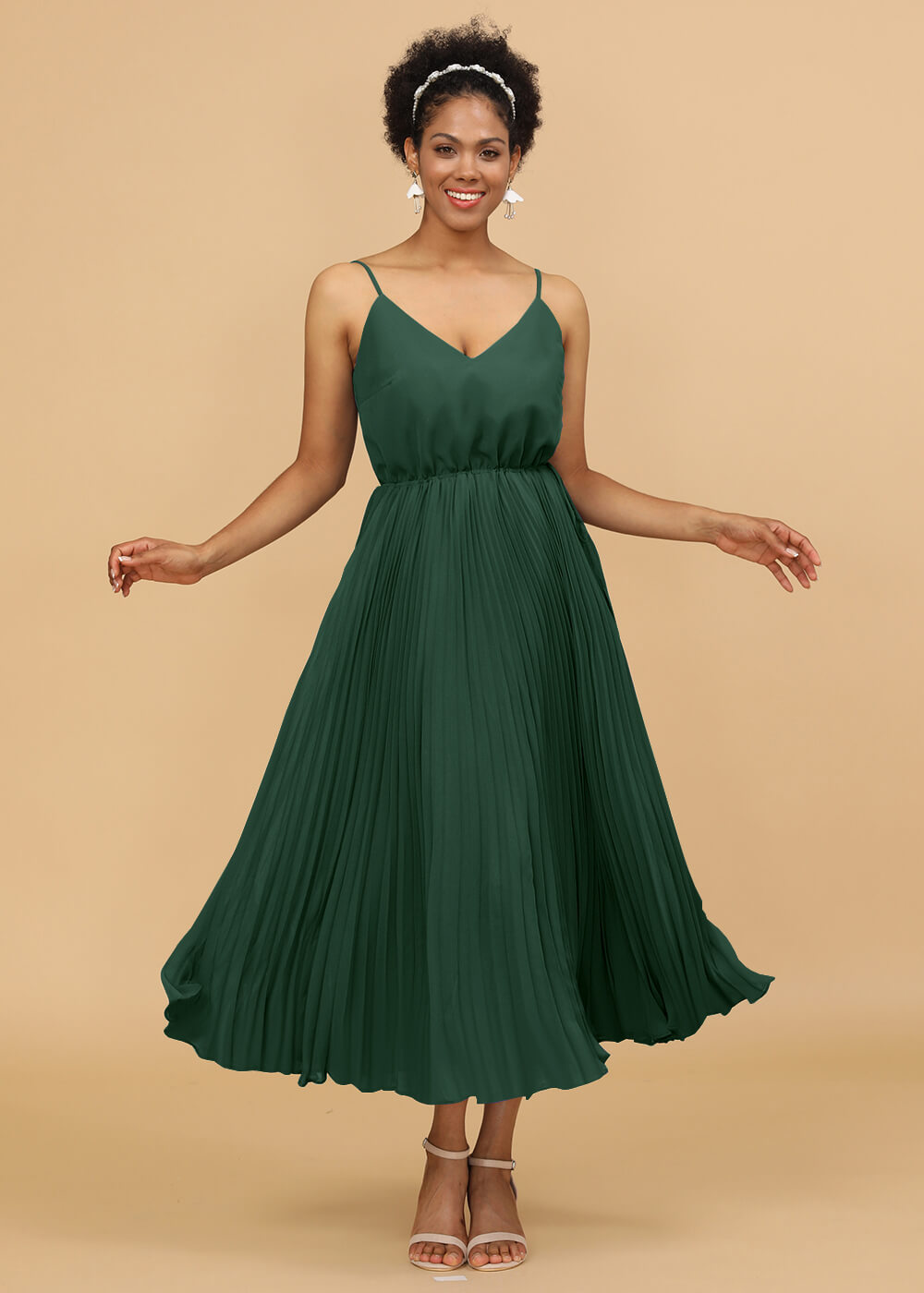 V-neck Spaghetti Strap Tea Length Bridesmaid Dress
