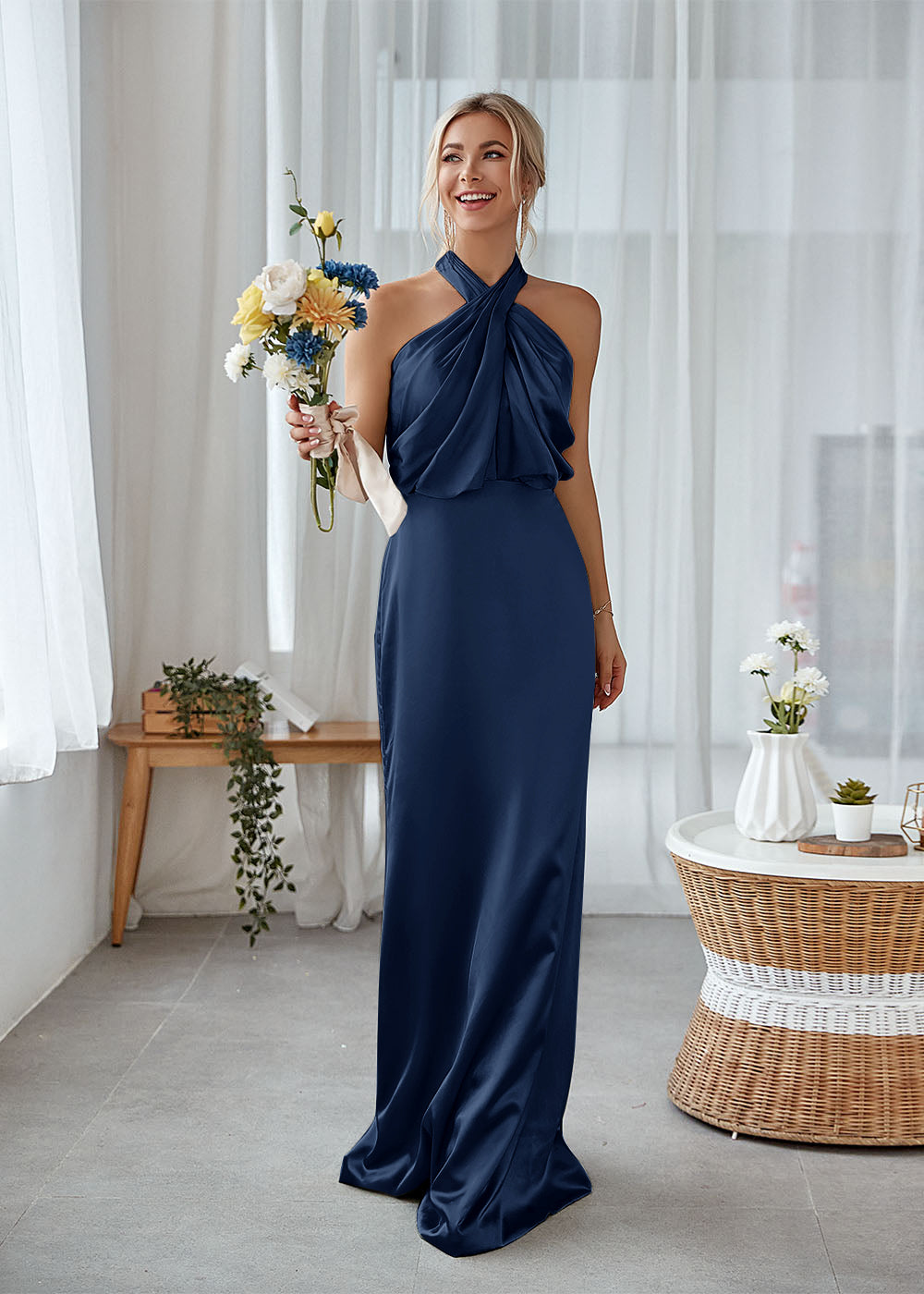 Navy halter neck bridesmaid dress hotsell