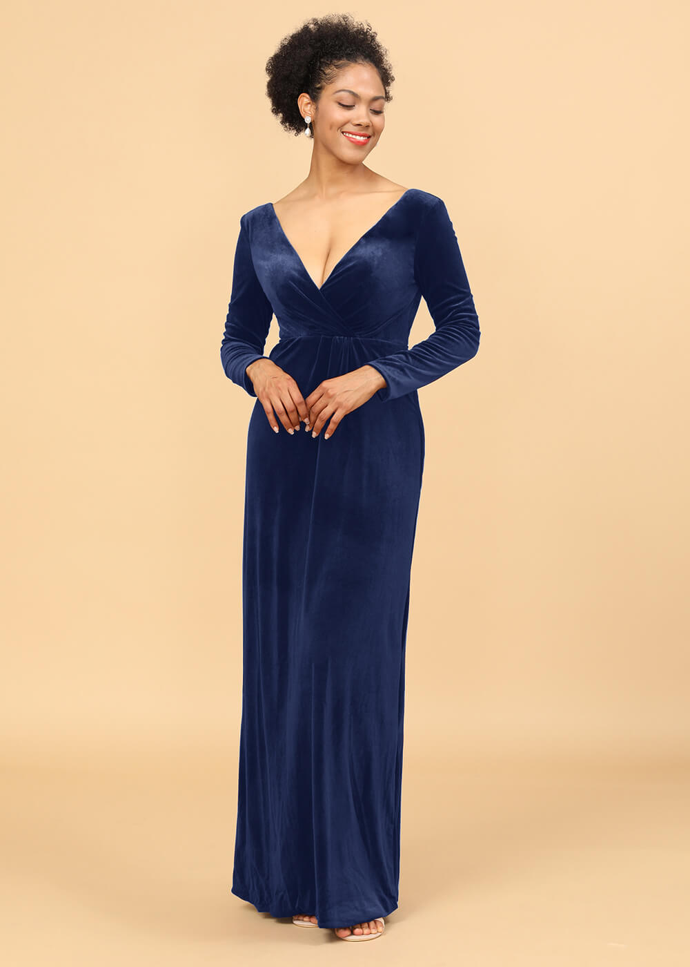 Sheath Long Sleeve V-neck V-back Long Velvet Bridesmaid Dress – Leely