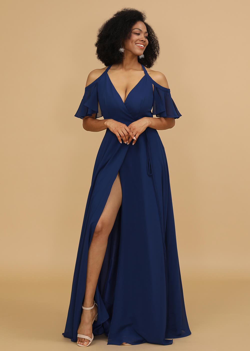 Ruffles Sleeves A-line V-neck Maxi Wrap Bridesmaid Dress with Slit