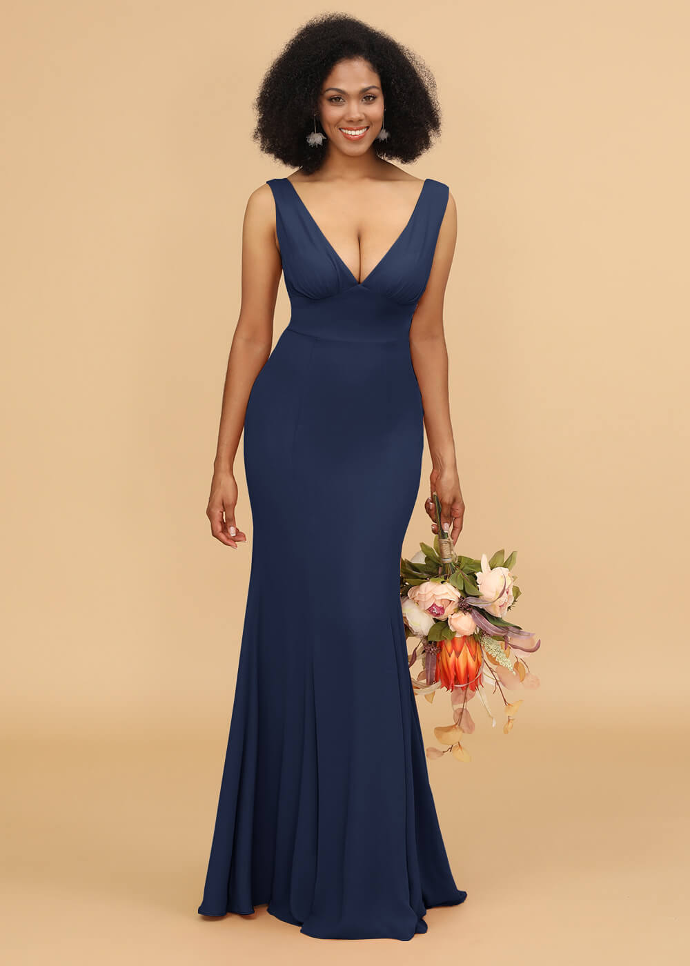 V-neck Trumpet Long Bridesmaid Dress